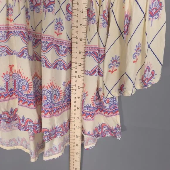 RAGA Anthropologie Top Women’s MEDIUM Juanita Ivory Printed Bell Sleeve Tie Neck - Picture 5 of 8